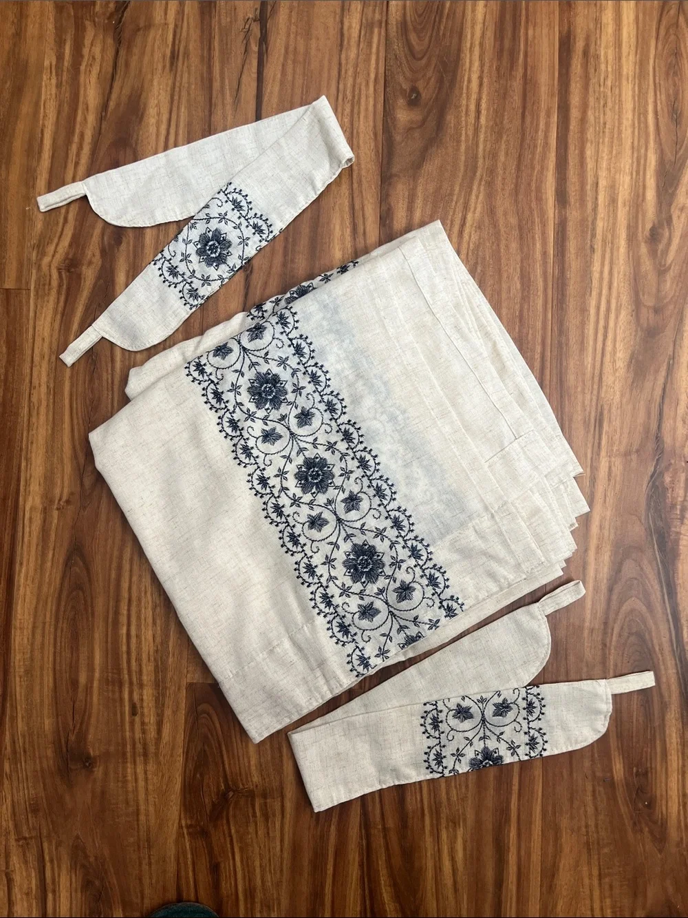Beige Sheer Window Curtains with Blue Embroidered Trim - Home Accents